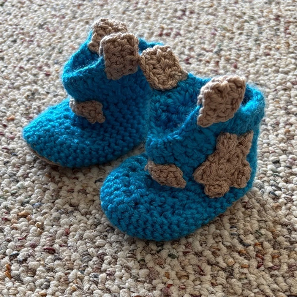 Handmade Blue and Tan Crochet Baby Booties